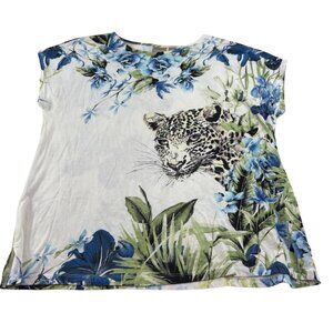 Chicos sz 2 Womens Floral Leopard Print Top Size Medium knit blouse stretch